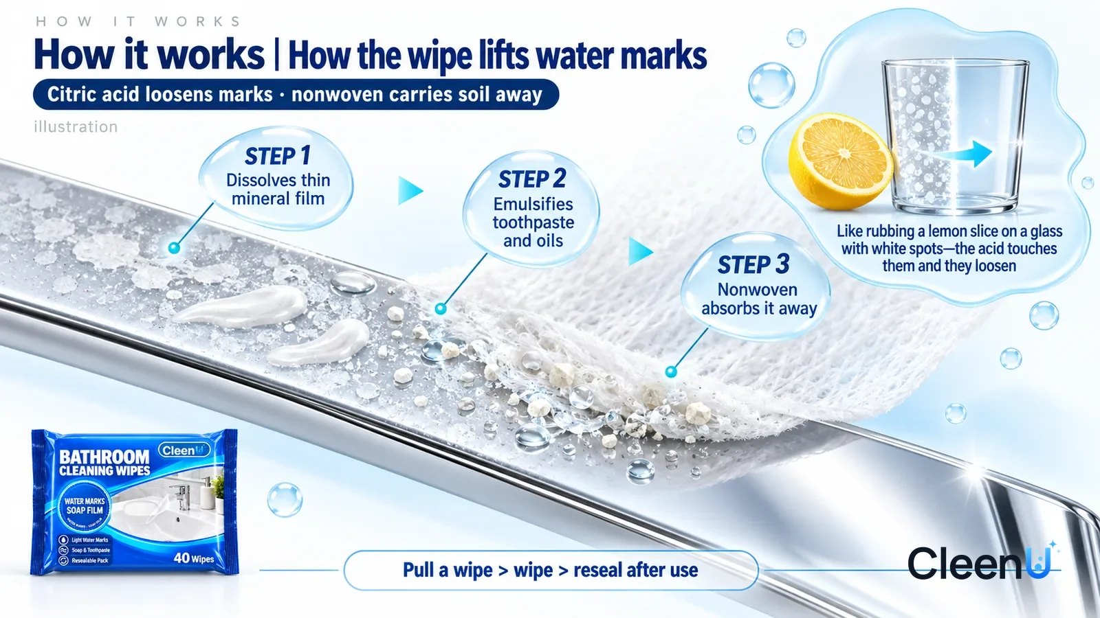Illustration: CleenU Bathroom Cleaning Wipes — an enormously magnified slice of a chrome faucet surface runs diagonally from upper left to lower right; on the left a thin white mineral fi