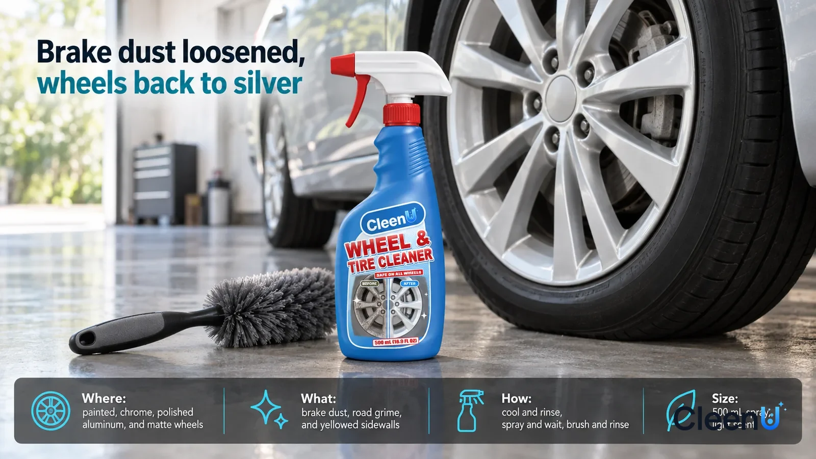Illustration: CleenU Wheel & Tire Cleaner stands centered on the garage floor, a soft-bristle wheel brush beside it
