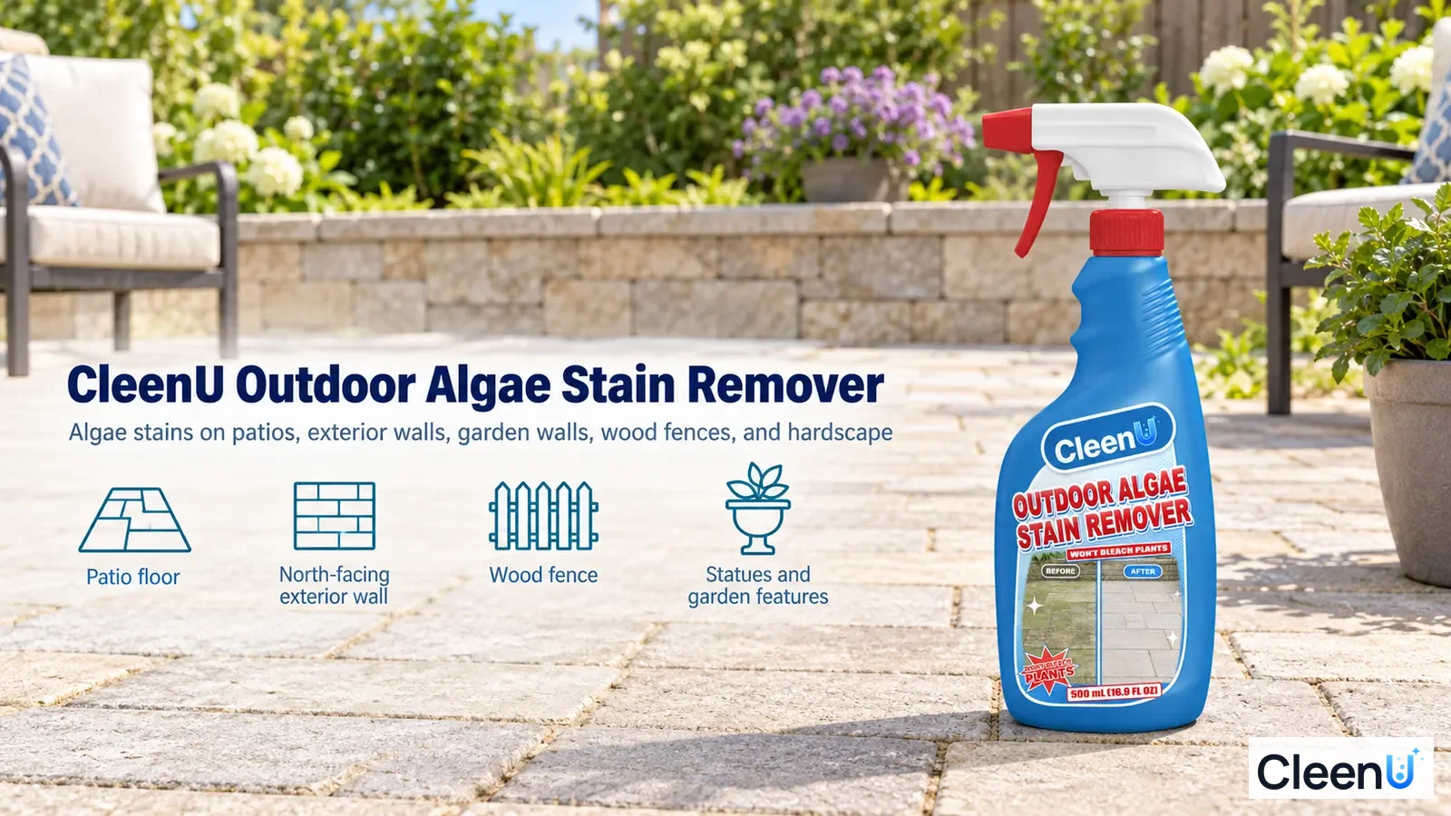 Illustration: A blue cleaner bottle on patio paving beside use icons.