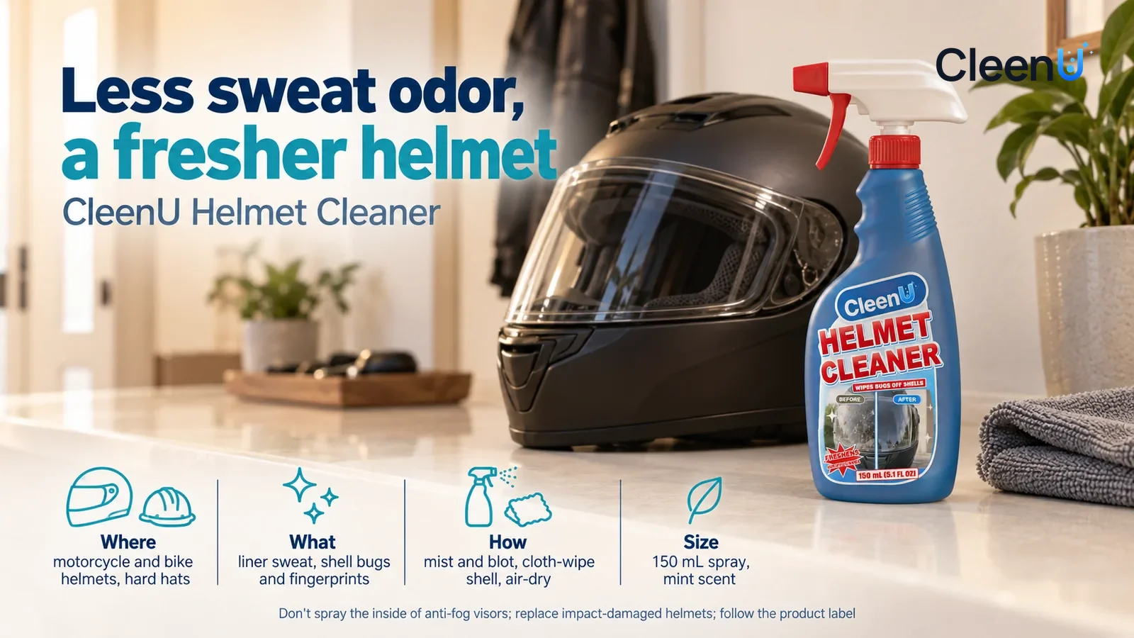 Illustration: CleenU Helmet Cleaner stands in the right third of the frame on the entryway cabinet Headline: "Less sweat odor, a fresher helmet"