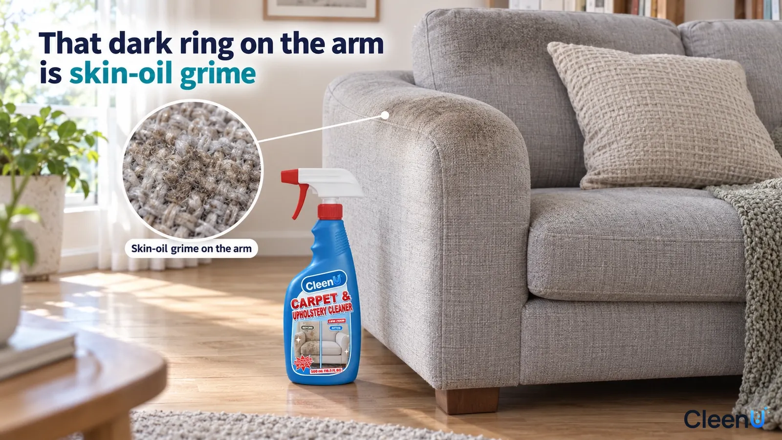 Illustration: A dark oily mark on a gray fabric sofa arm beside a blue cleaner bottle.
