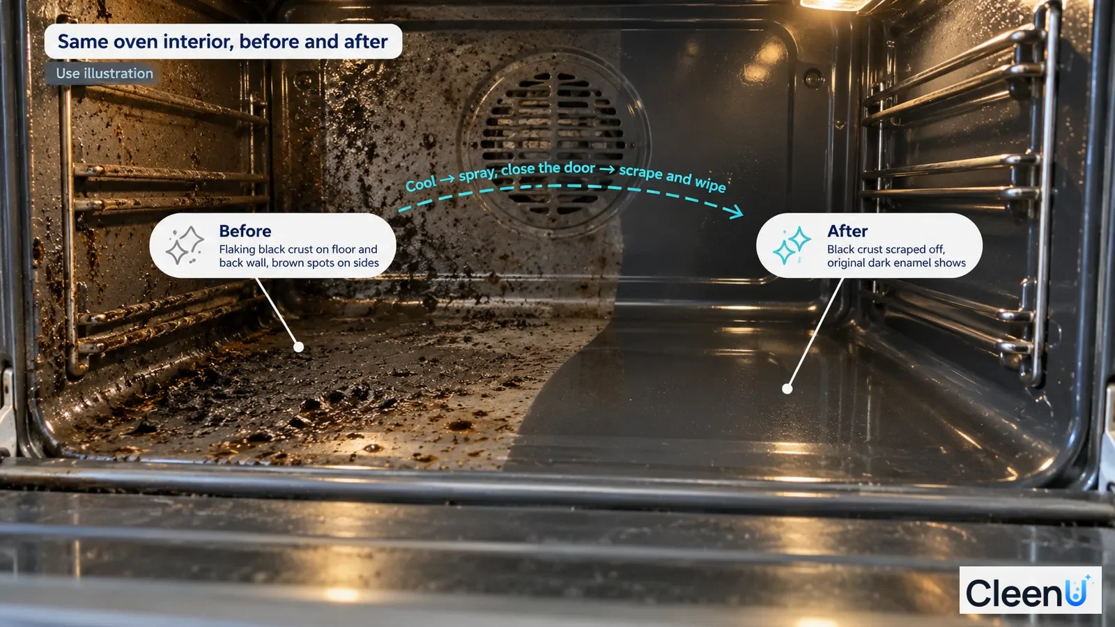 Illustration: Burnt grease beside a clearer oven interior area; not a measured cleaning test.