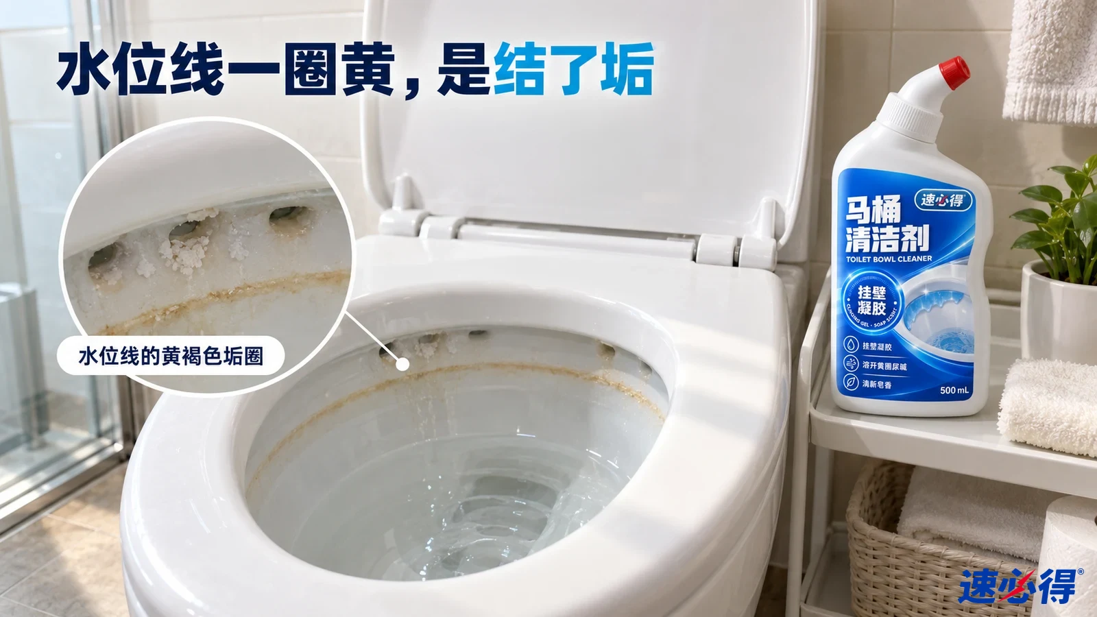 示意图：白色马桶内壁水位线的黄色污垢、冲水孔周边污迹和白色弯嘴瓶。