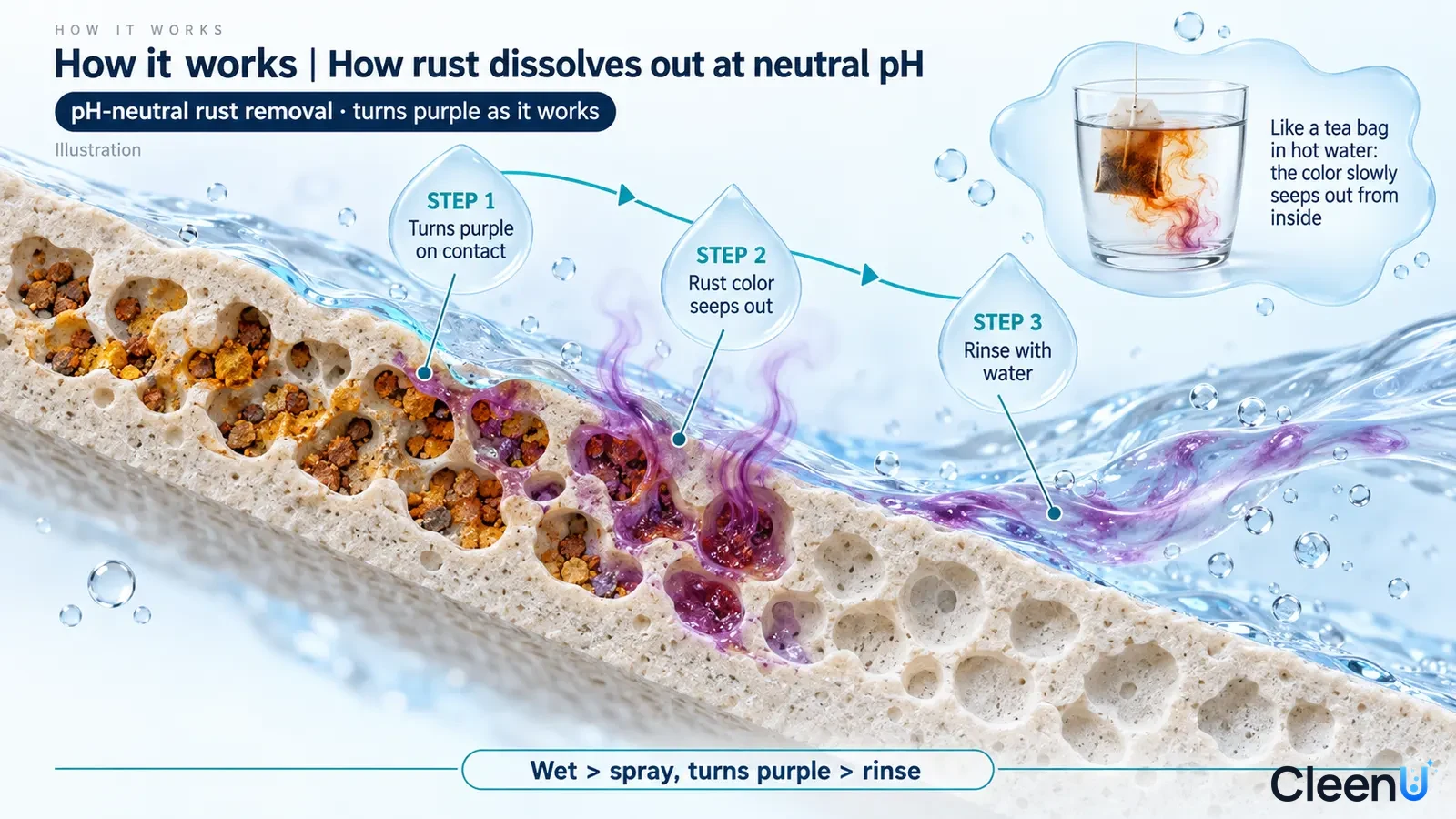 Illustration: A porous-stone cross-section with brown particles, purple liquid and water with a glass analogy inset.