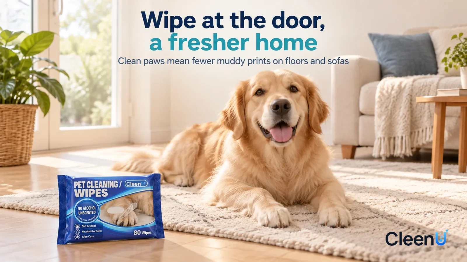 Illustration: CleenU Pet Cleaning Wipes — A bright living room, a clean light golden medium-sized dog lying quietly on a clean light rug by the window, paws fresh Headline: "Wipe at the door, a freshe
