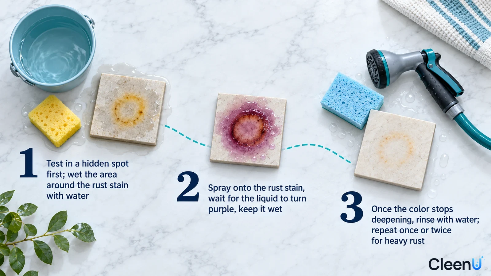Illustration: Stone samples with brown rust rings and purple liquid, water bowl, sponges and rinsing tools with numbered steps.