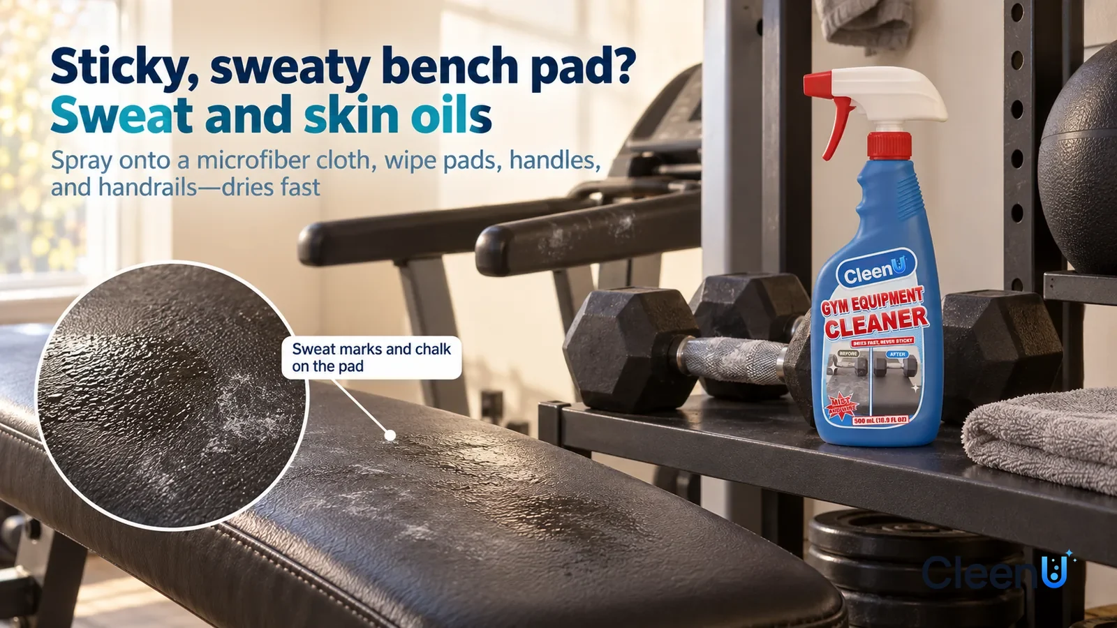 Illustration: CleenU Gym Equipment Cleaner — An everyday home gym corner, a black faux-leather weight bench, a pair of dumbbells Headline: "Sticky, sweaty bench pad? Sweat and skin oils"