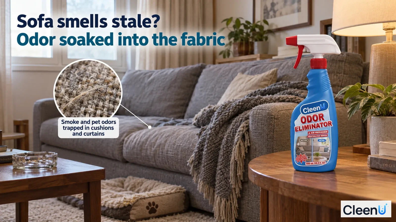Illustration: A fabric sofa, throw, enlarged fabric texture and blue spray bottle in a living room.