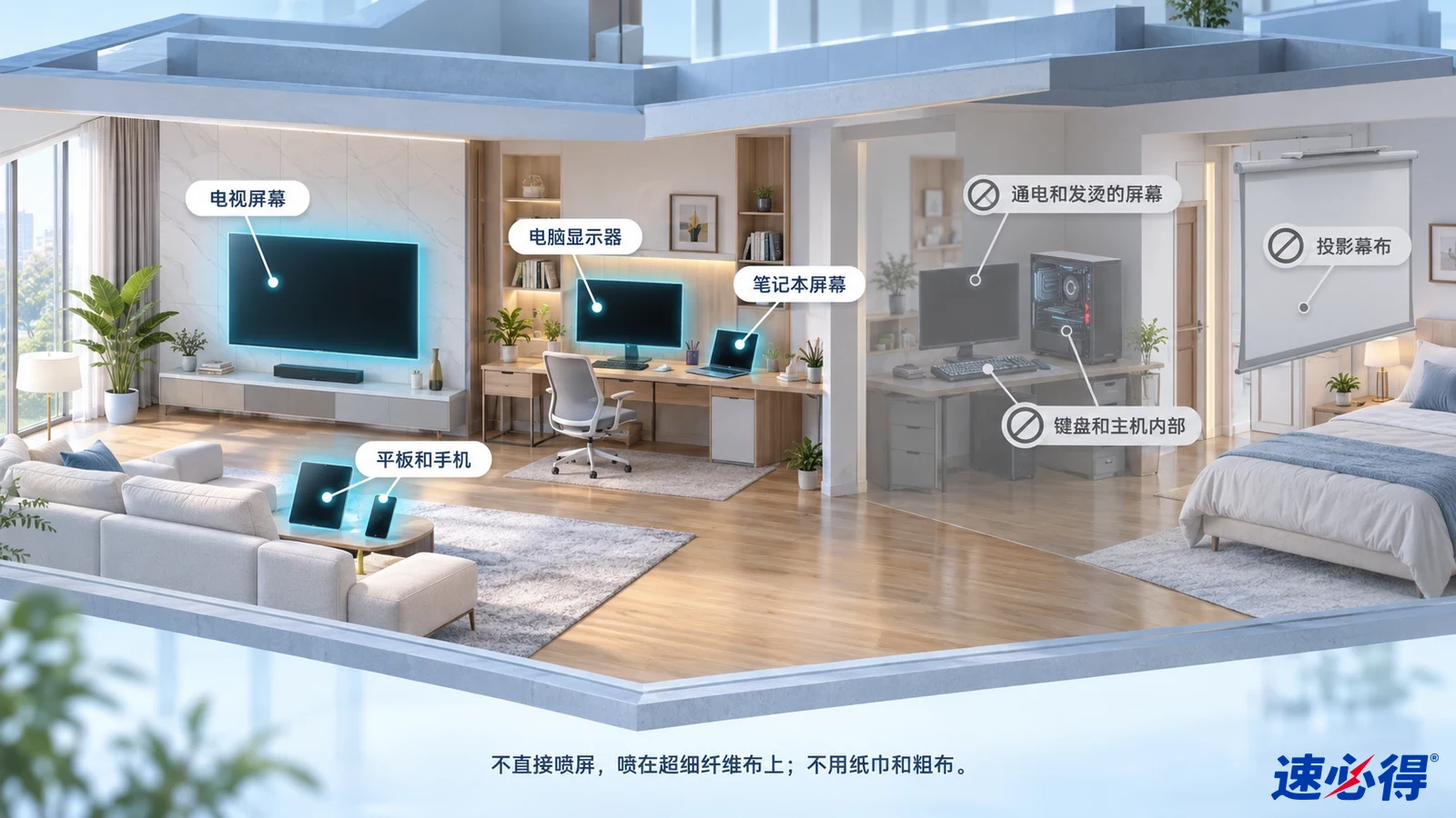 示意图:家居电视、电脑显示器、笔记本和平板区域被突出显示,旁列设备注意事项。