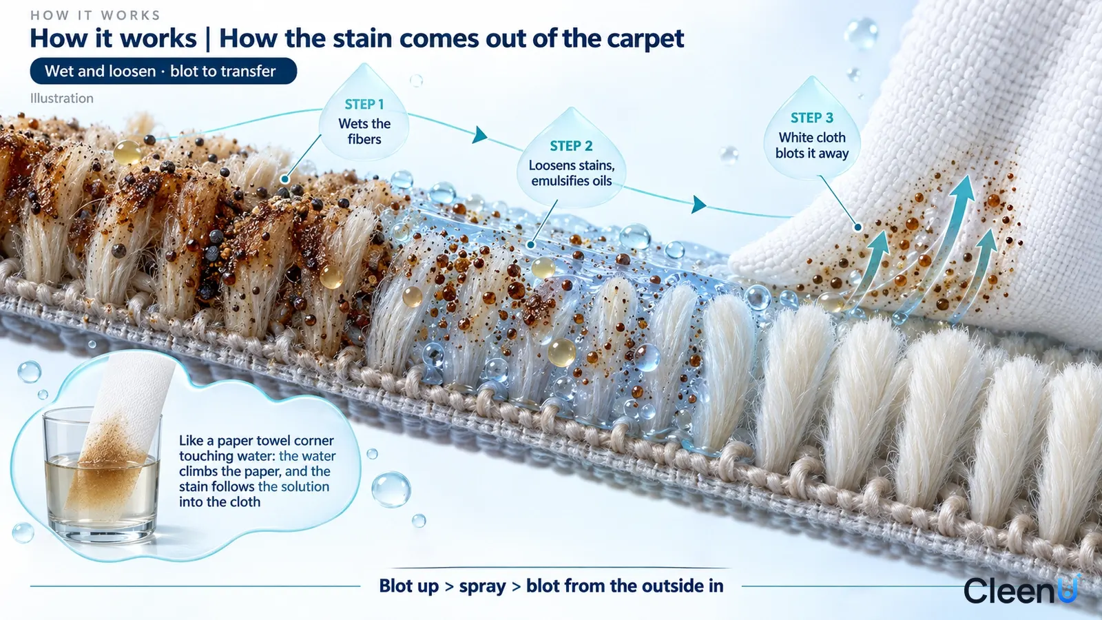 Illustration: Light carpet fiber cross-sections, brown stains, drops and a white cloth.