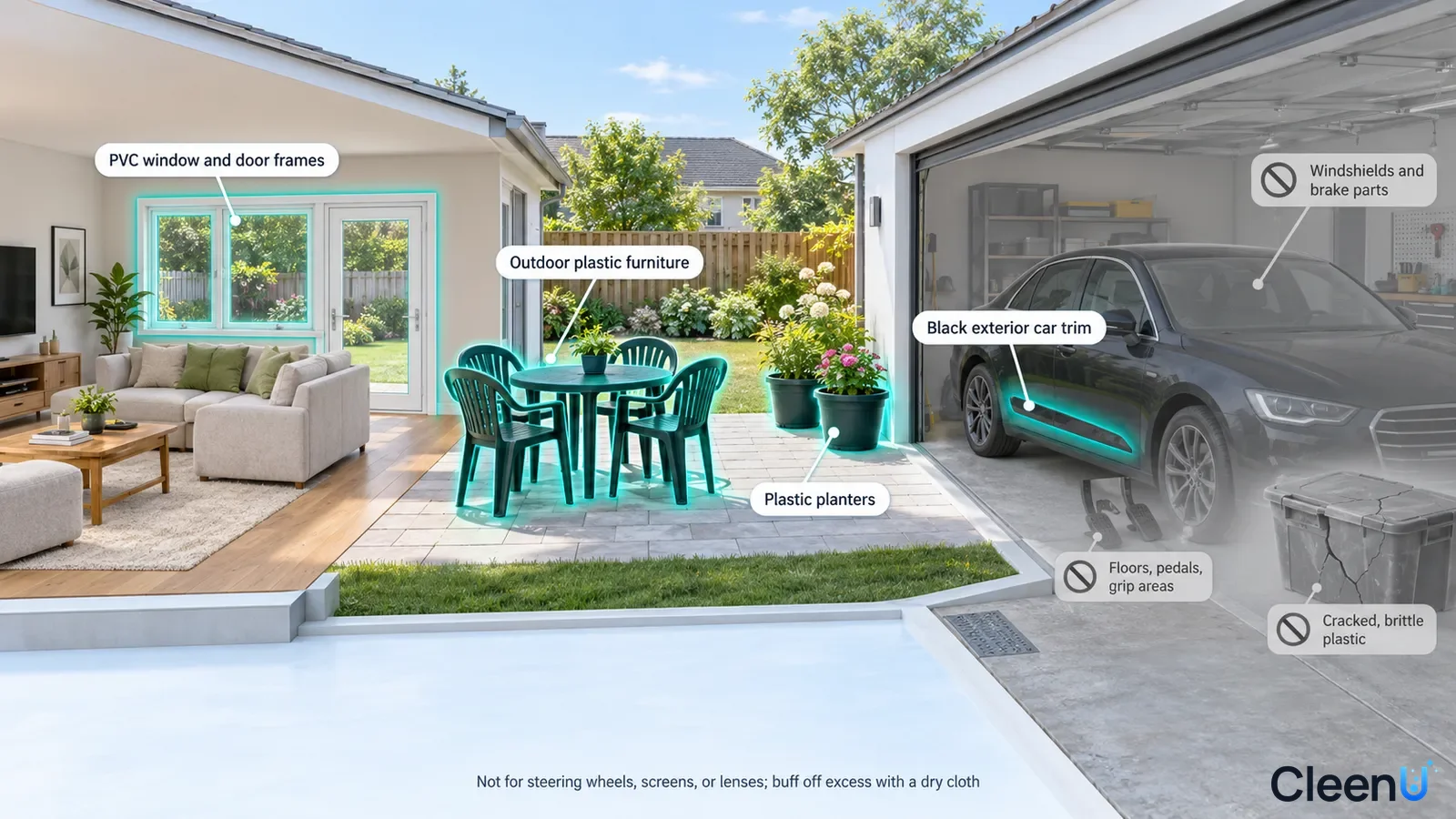 Illustration: Highlighted outdoor plastic furniture, window frames and vehicle trim beside material precautions.