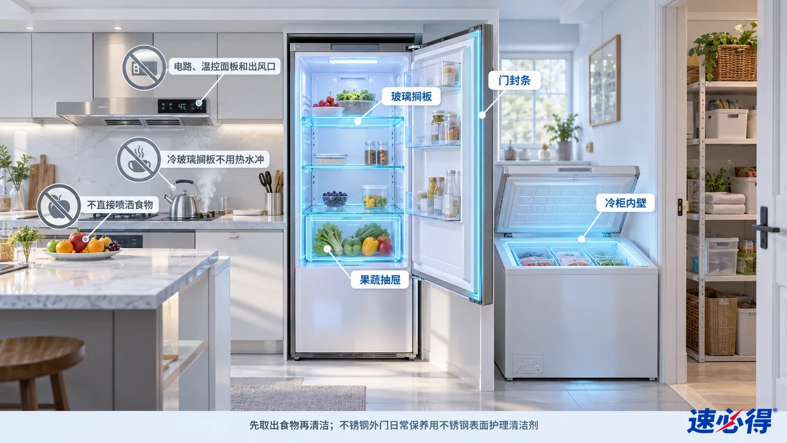 示意图:冰箱搁板、抽屉及门封条区域被突出显示,旁列食品和部件注意事项。