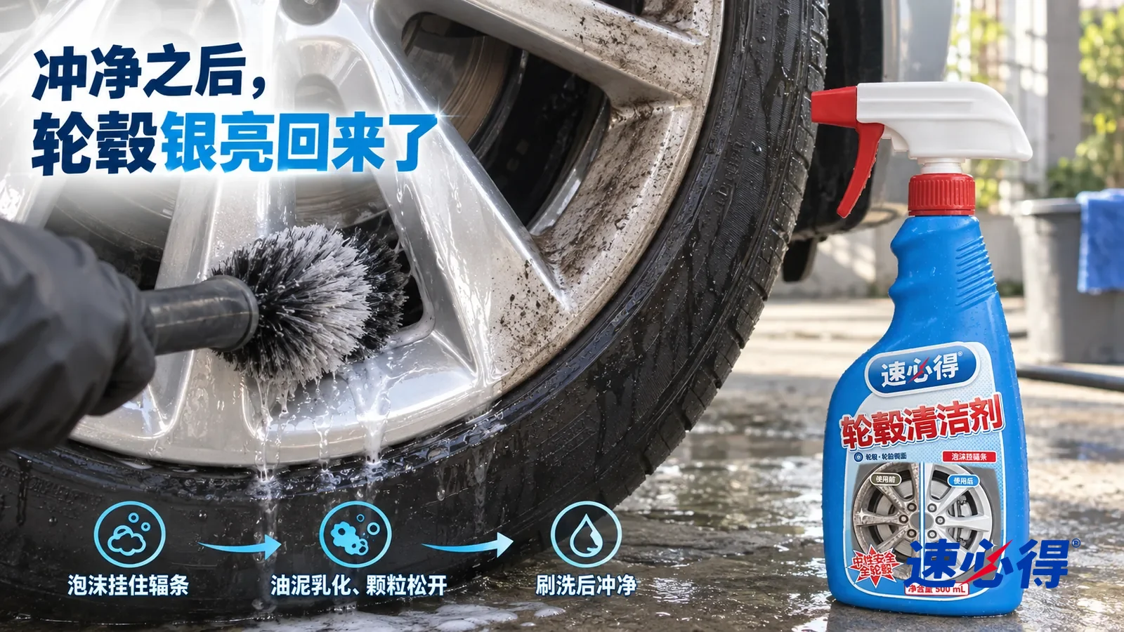 示意图：速必得轮毂清洁剂——一把软毛轮毂刷刚刷过一道，刷过的地方银亮干净、清水顺着辐条流下，旁边一根辐条上还残留一点灰黑刹车粉