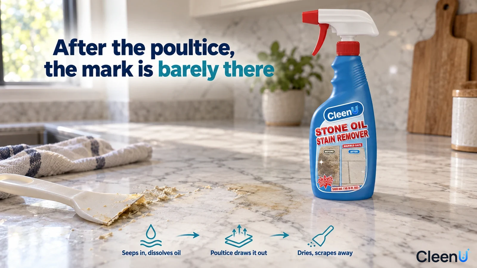 Illustration: Light brown marks, white poultice material and a blue bottle on a stone counter.