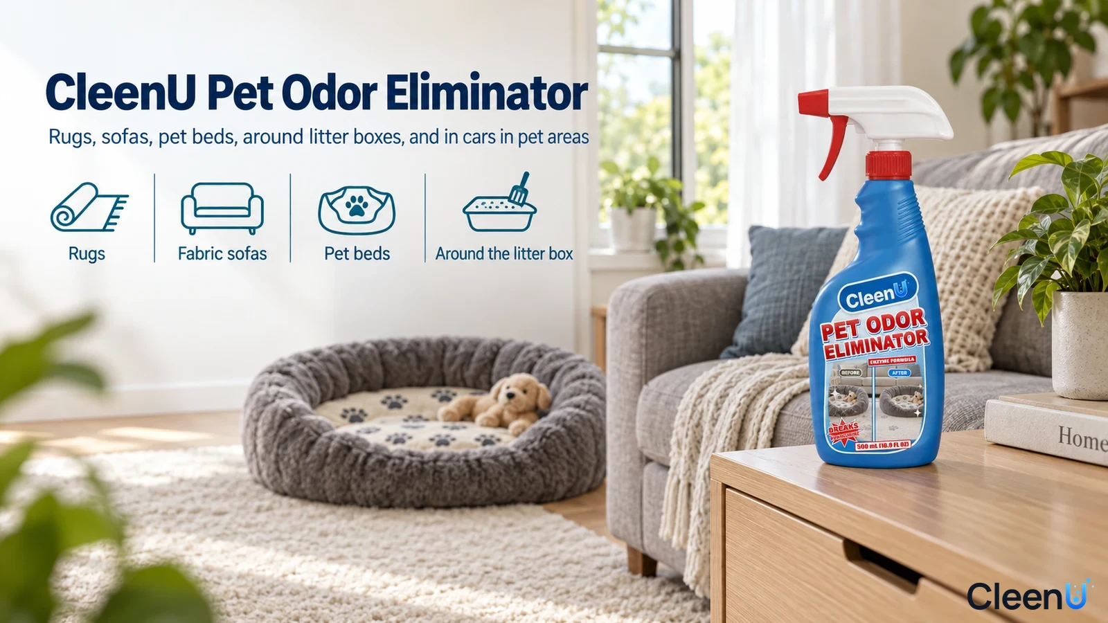 Illustration: A blue spray bottle beside a fabric sofa and pet bed with use icons.