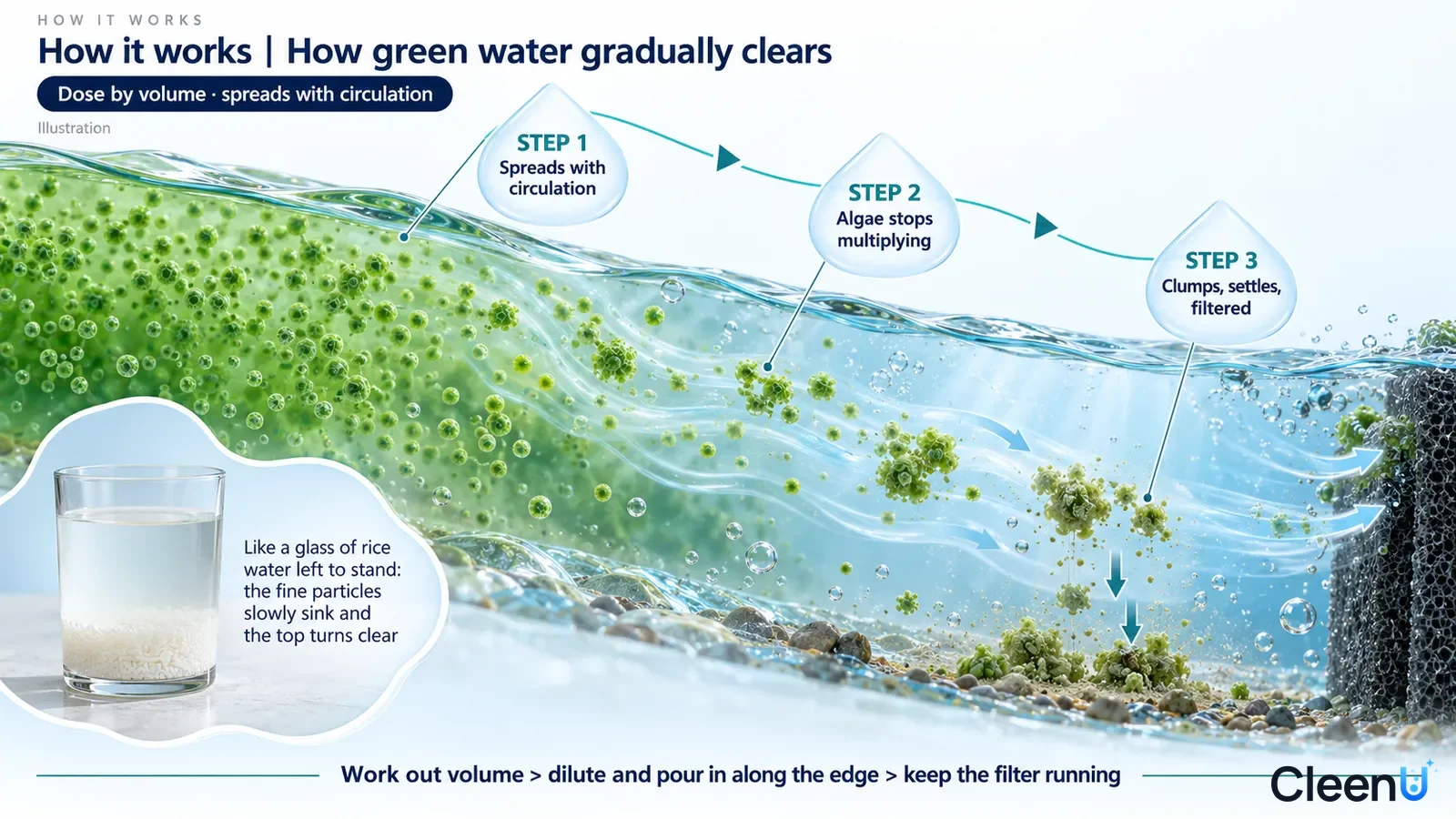 Illustration: A water cross-section with green particles, settling clumps and a filter.