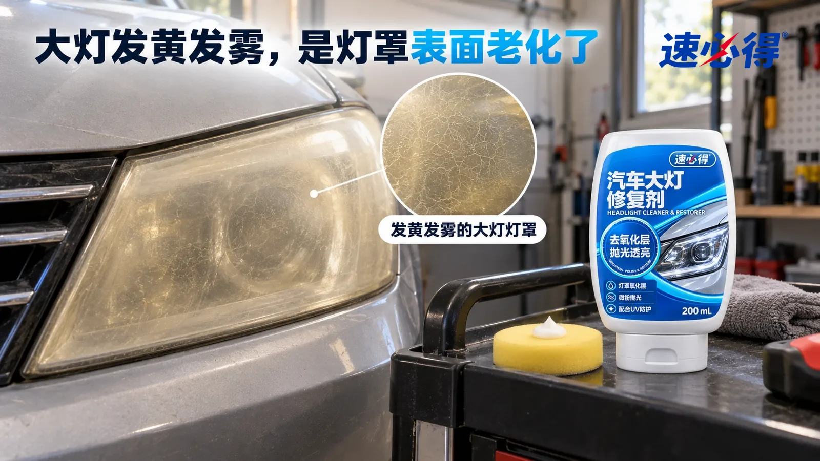 示意图：速必得汽车大灯清洁修复剂——家里车库，一辆家用轿车（无车标、无车牌号码）的车头特写，侧光斜照下左侧塑料大灯灯罩整体发黄发雾，几乎看不清里面的灯组