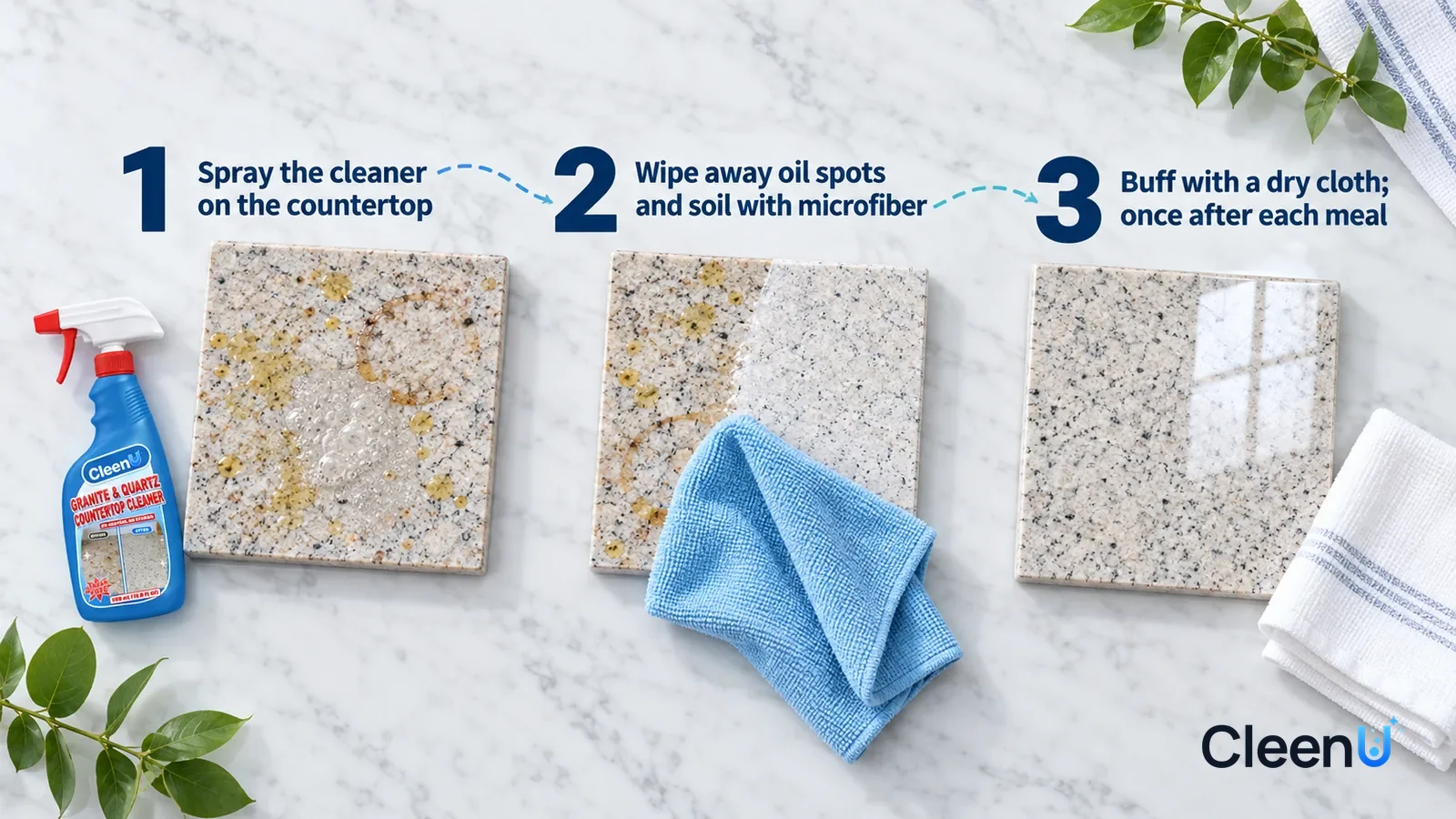 Illustration: CleenU Granite & Quartz Countertop Cleaner — an overhead shot straight down onto a light marble tabletop, no bottle and no hands: (1) a granite sample with pale yellow oil spots and lig