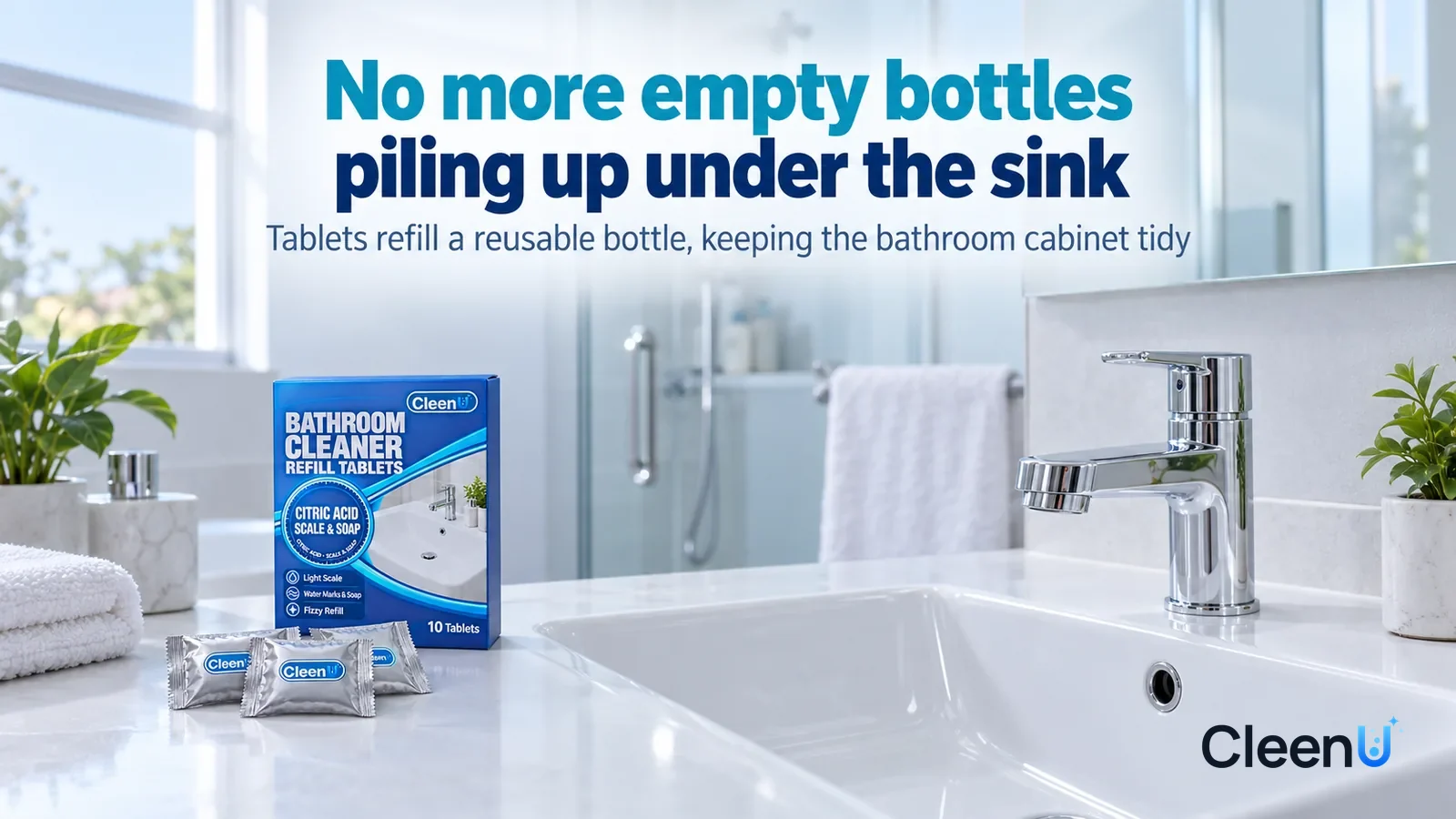 Illustration: CleenU Bathroom Cleaner Refill Tablets — A bright early-morning bathroom, a clean, shiny white sink, a chrome faucet reflecting soft light, clear shower glass behind Headline: "No more e