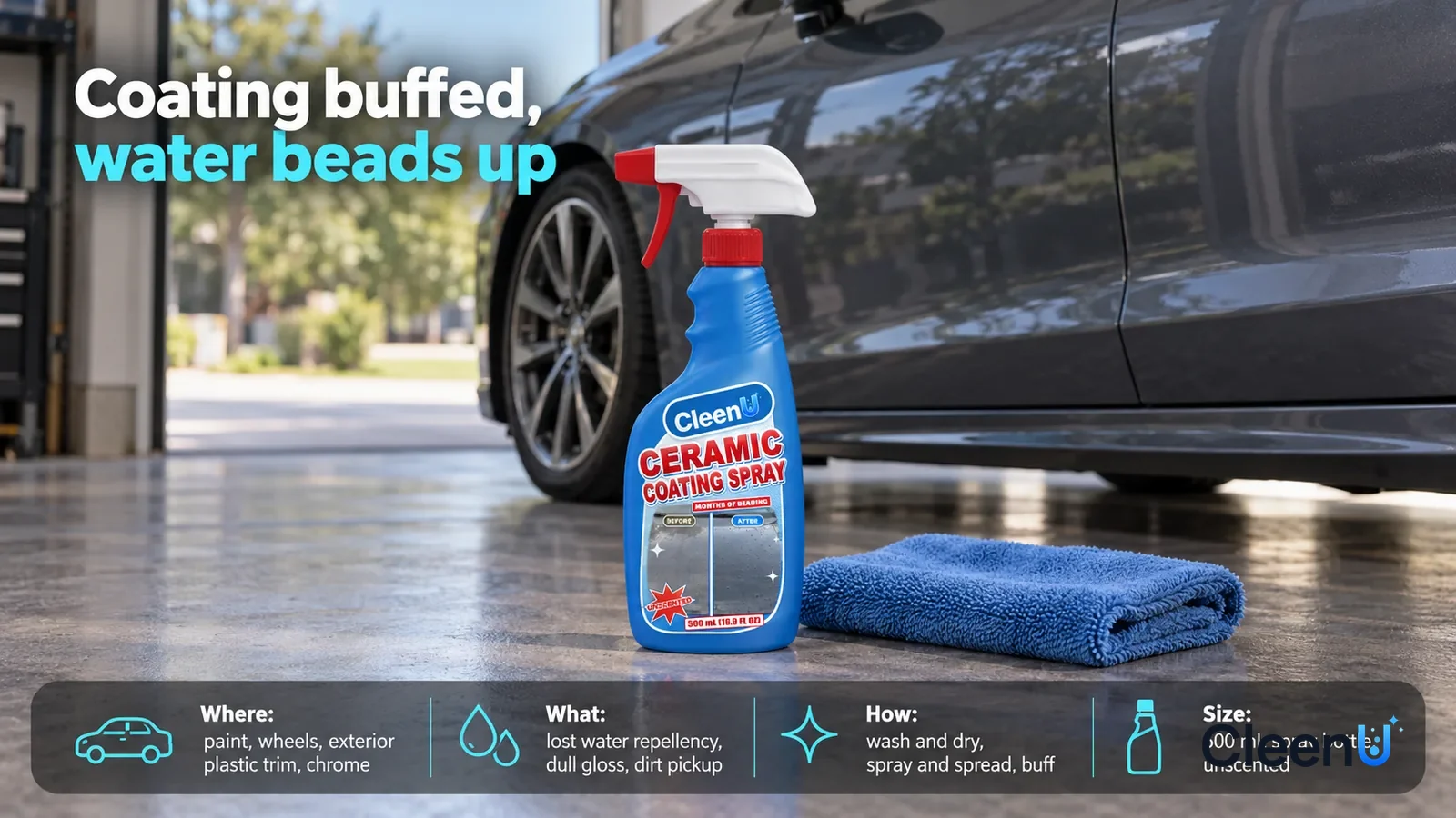 Illustration: CleenU Ceramic Coating Spray stands centered on the ground at the garage entrance, a folded blue microfiber towel beside it