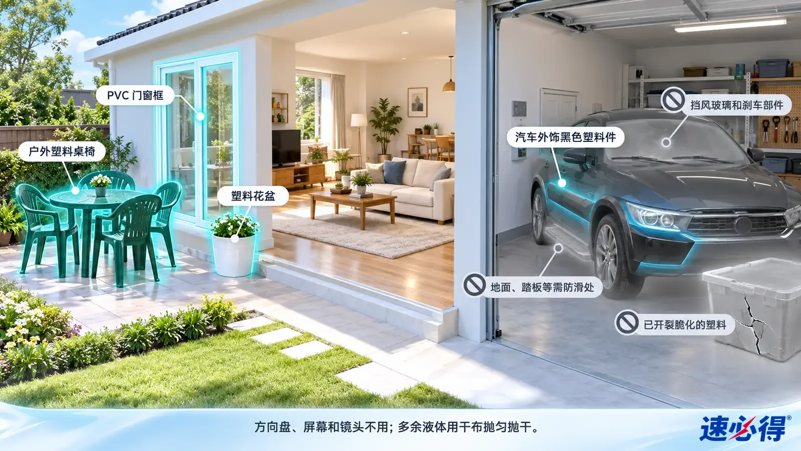 示意图:户外塑料桌椅、窗框及汽车外饰区域被突出显示,旁列材质注意事项。