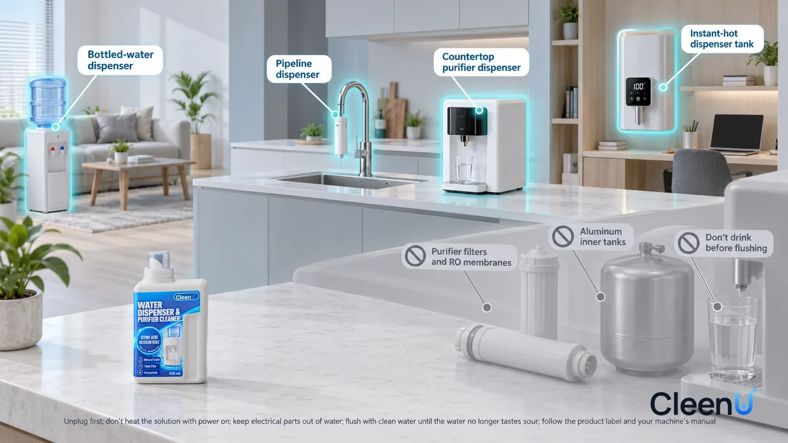 Illustration: CleenU Water Dispenser & Purifier Cleaner — A realistic 3D cutaway of a bright home's living room, kitchen, and study, one continuous space from one viewpoint