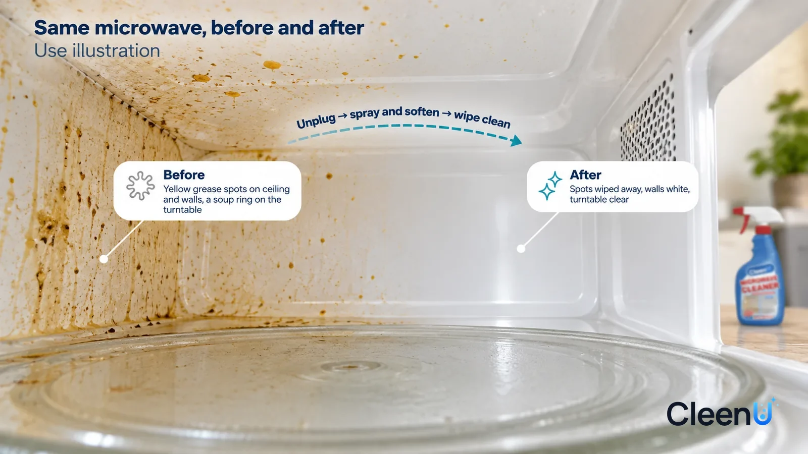 Illustration: CleenU Microwave Cleaner — A full-screen low-angle close-up inside a microwave in the same side light, no bottle