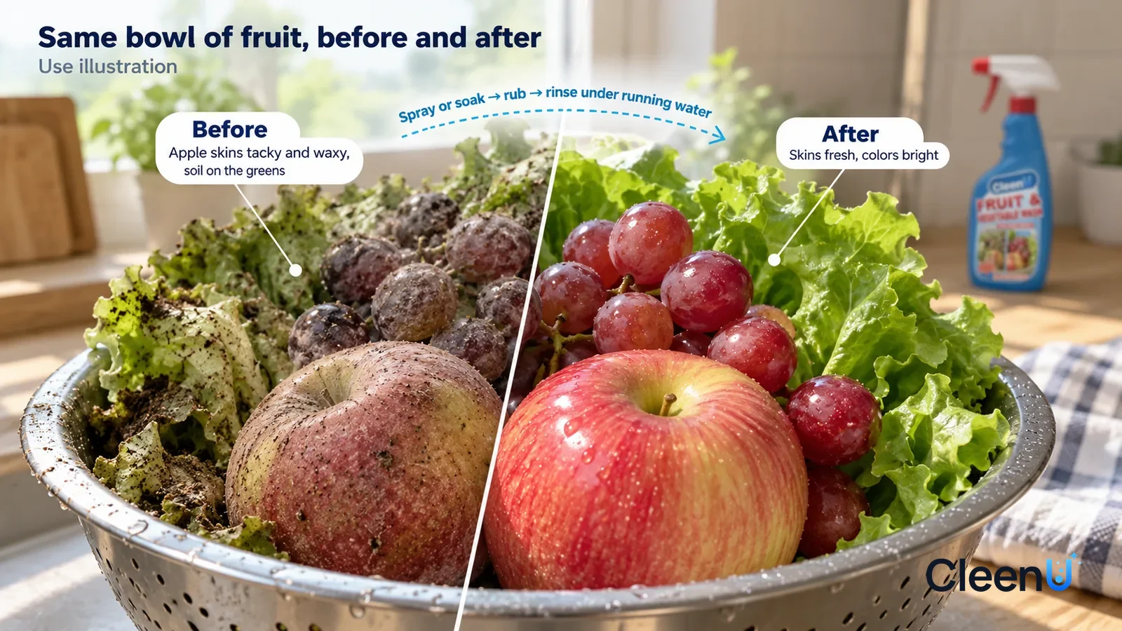 Illustration: CleenU Fruit & Vegetable Wash — A full-screen low-angle close-up of apples, grapes, and lettuce in a stainless-steel colander in the same side light
