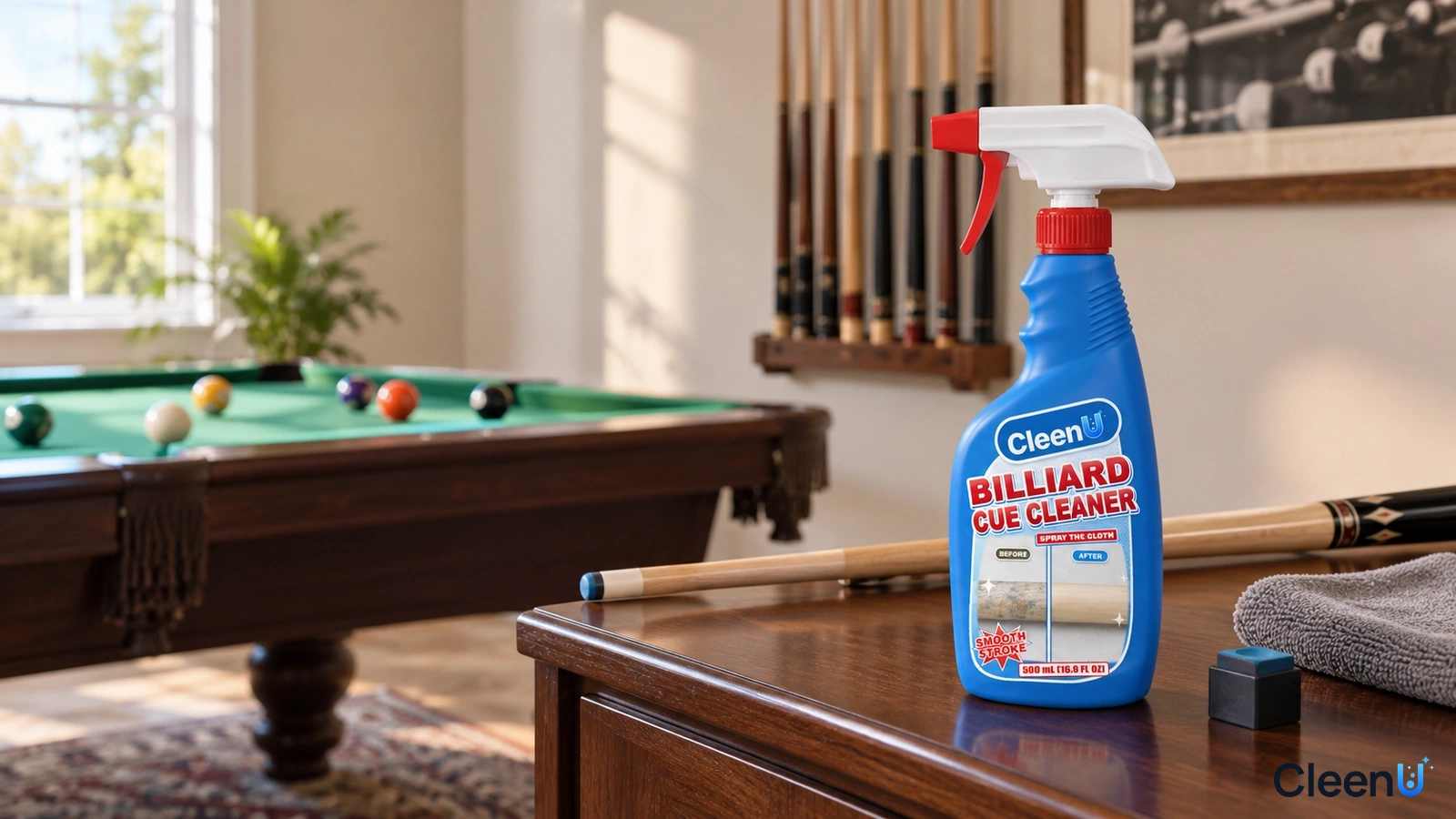 Illustration: A blue cleaner bottle and billiard cue on a wooden ledge in a bright billiard room.