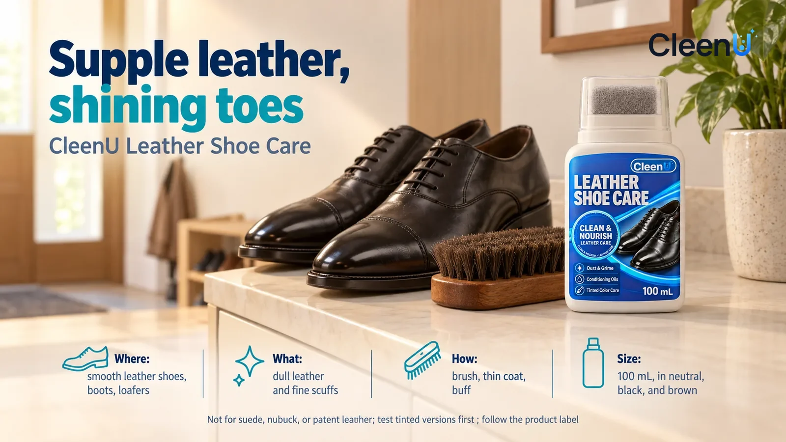 Illustration: CleenU Leather Shoe Care, clear overcap on, stands in the right third of the frame on the entryway shoe cabinet Headline: "Supple leather, shining toes"