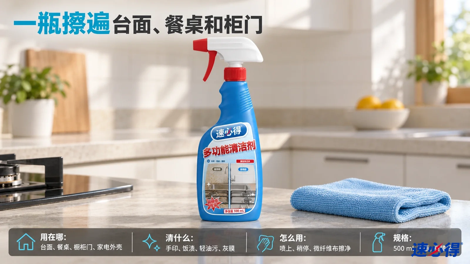 示意图：蓝色多功能清洁剂喷瓶与折叠的蓝色清洁布摆在厨房台面上。