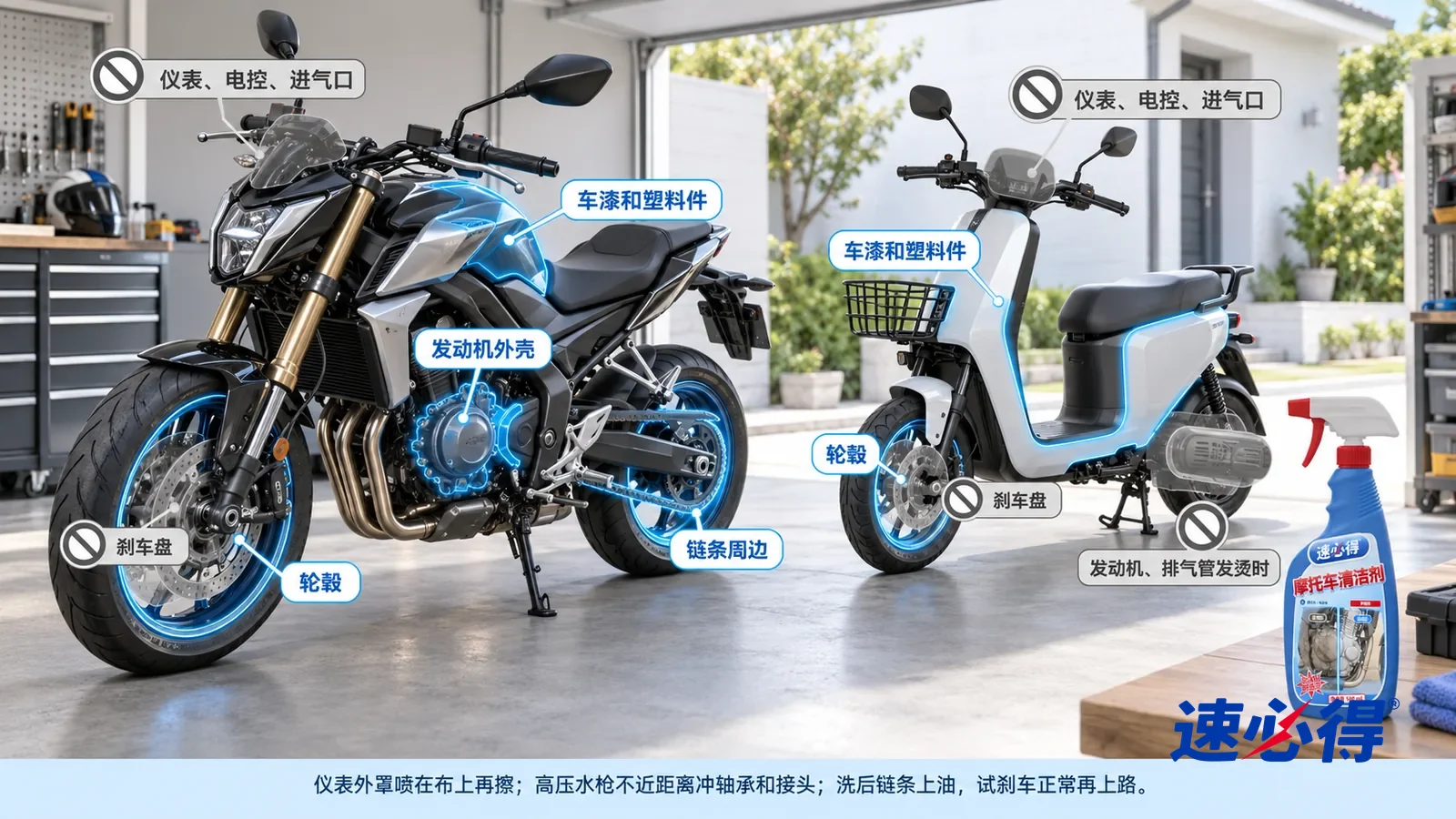 示意图:速必得摩托车清洁剂——一张写实 3D 剖面实景图,一个明亮的家用车库和门前院子,连续空间、一个视角,一辆街车和一辆电动车(都无车标、无车牌