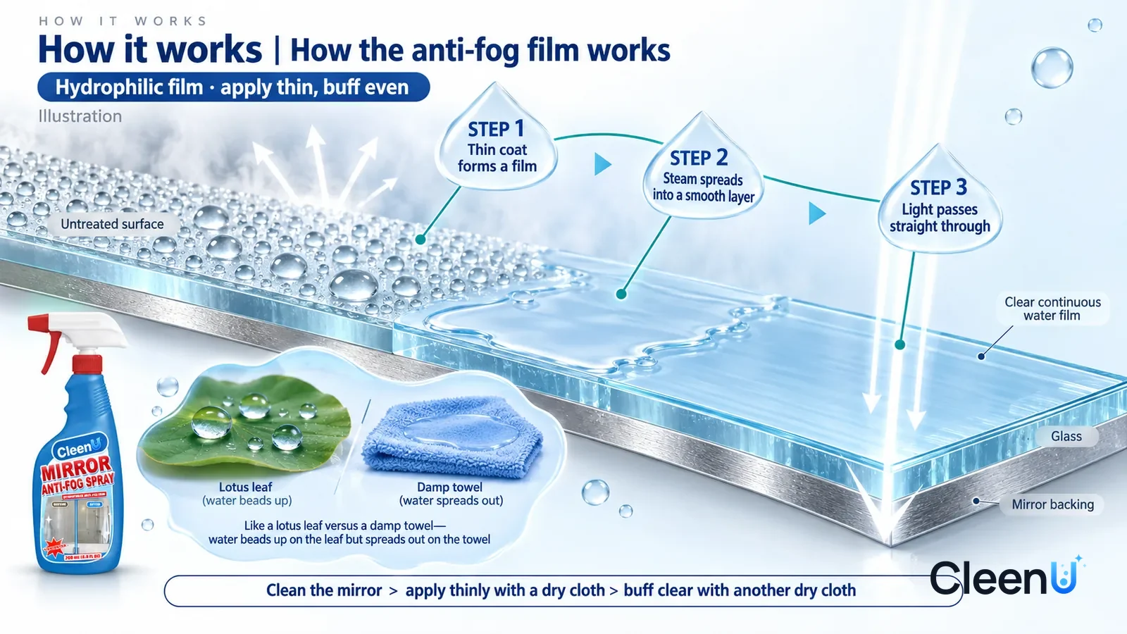 Illustration: CleenU Mirror Anti-Fog Spray — an enormously magnified slice of mirror glass runs diagonally from upper left to lower right, the silver backing below; on the left