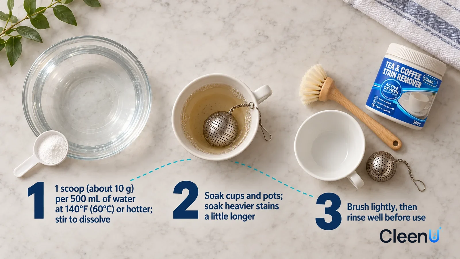 Illustration: CleenU Tea & Coffee Stain Remover — an overhead shot straight down onto a light marble tabletop, no bottle and no hands: (1) a large glass bowl of hot water
