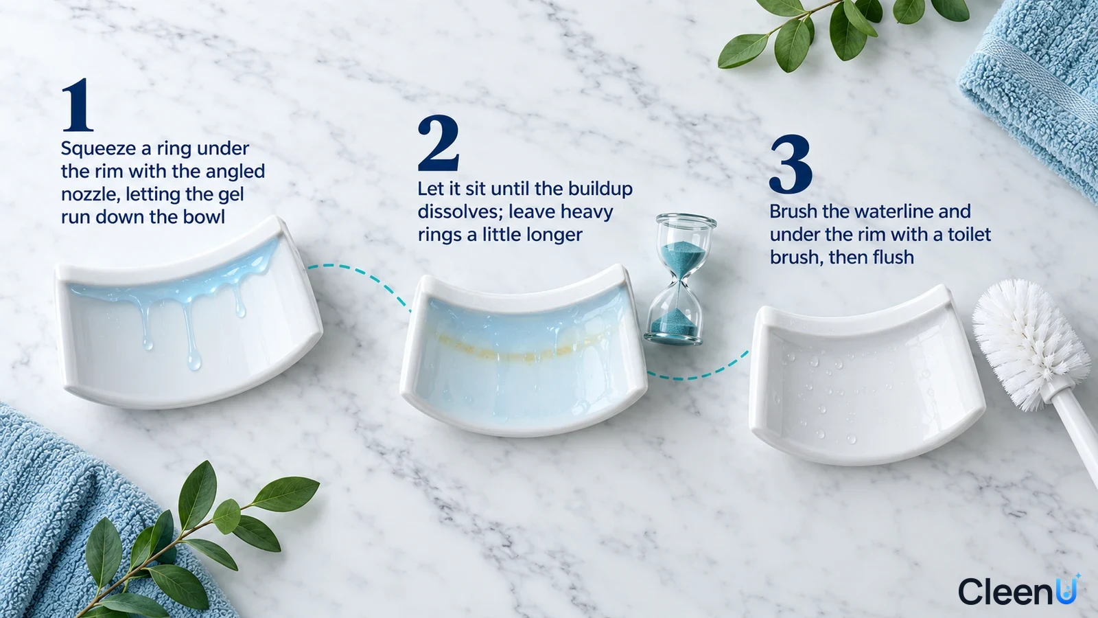 Illustration: Toilet-bowl cross-section samples with blue liquid, yellow buildup and a toilet brush with numbered steps.