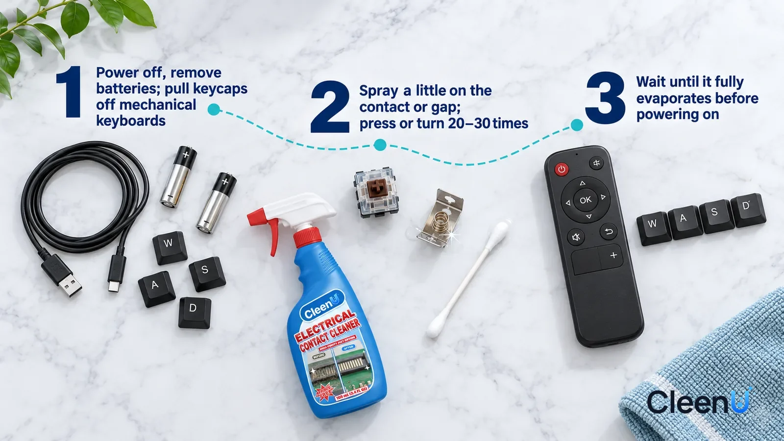 Illustration: CleenU Electrical Contact Cleaner — an overhead shot straight down onto a light marble tabletop, no bottle and no hands: (1) an unplugged data cable, two removed batteries
