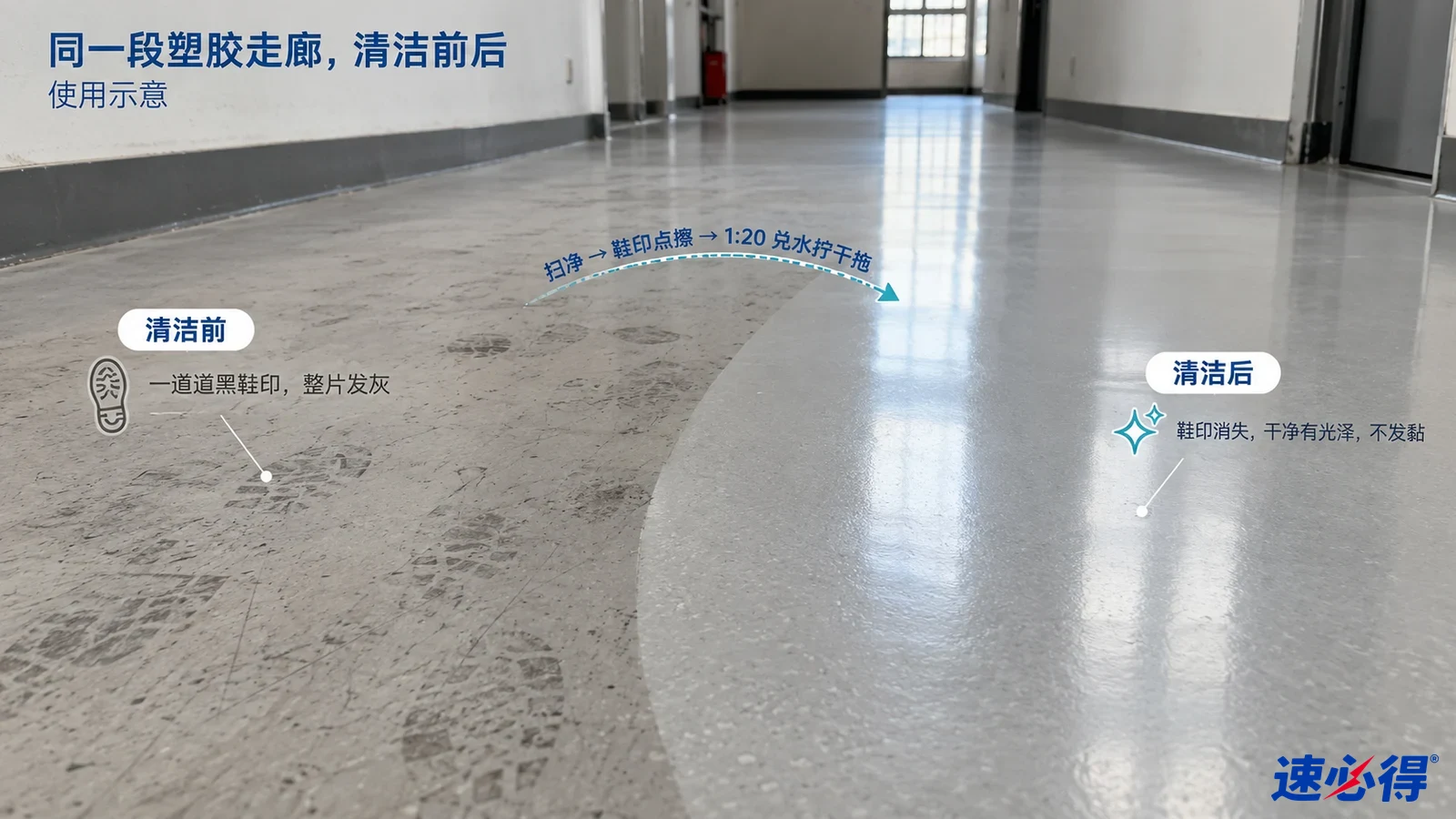示意图：走廊地面的黑色鞋印灰膜区域与较明亮区域对照，非实测照片。
