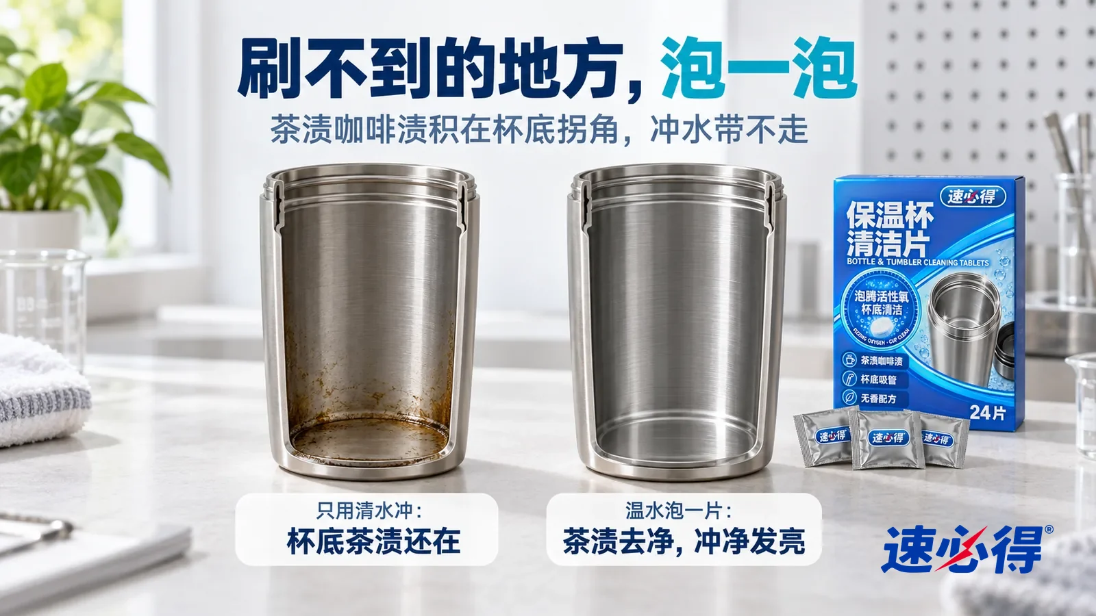 示意图：速必得保温杯清洁片——白色测试台上并排放着两只同样的无标志不锈钢保温杯内胆样件，从侧面切开一条窗口能看到杯底，标题“刷不到的地方，泡一泡”
