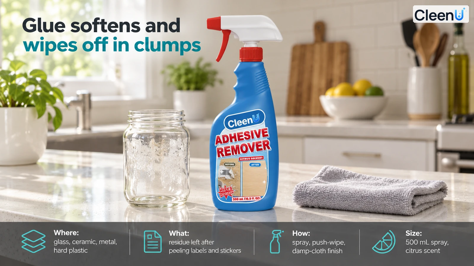 Illustration: A blue adhesive remover bottle, glass jar and folded gray cloth on a kitchen counter.