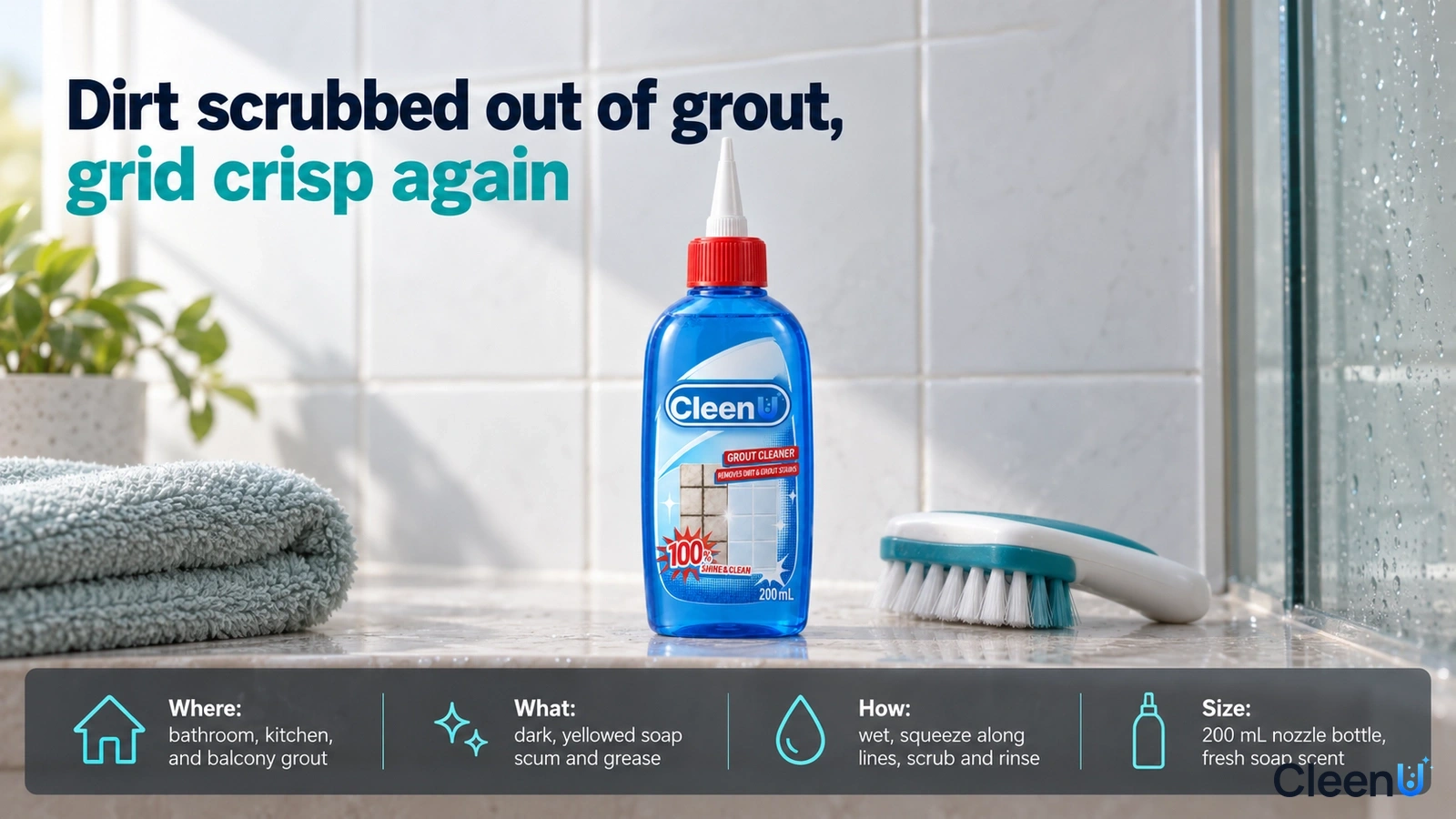 Illustration: A blue pointed-nozzle cleaner bottle, small brush and towel on a bathroom ledge.