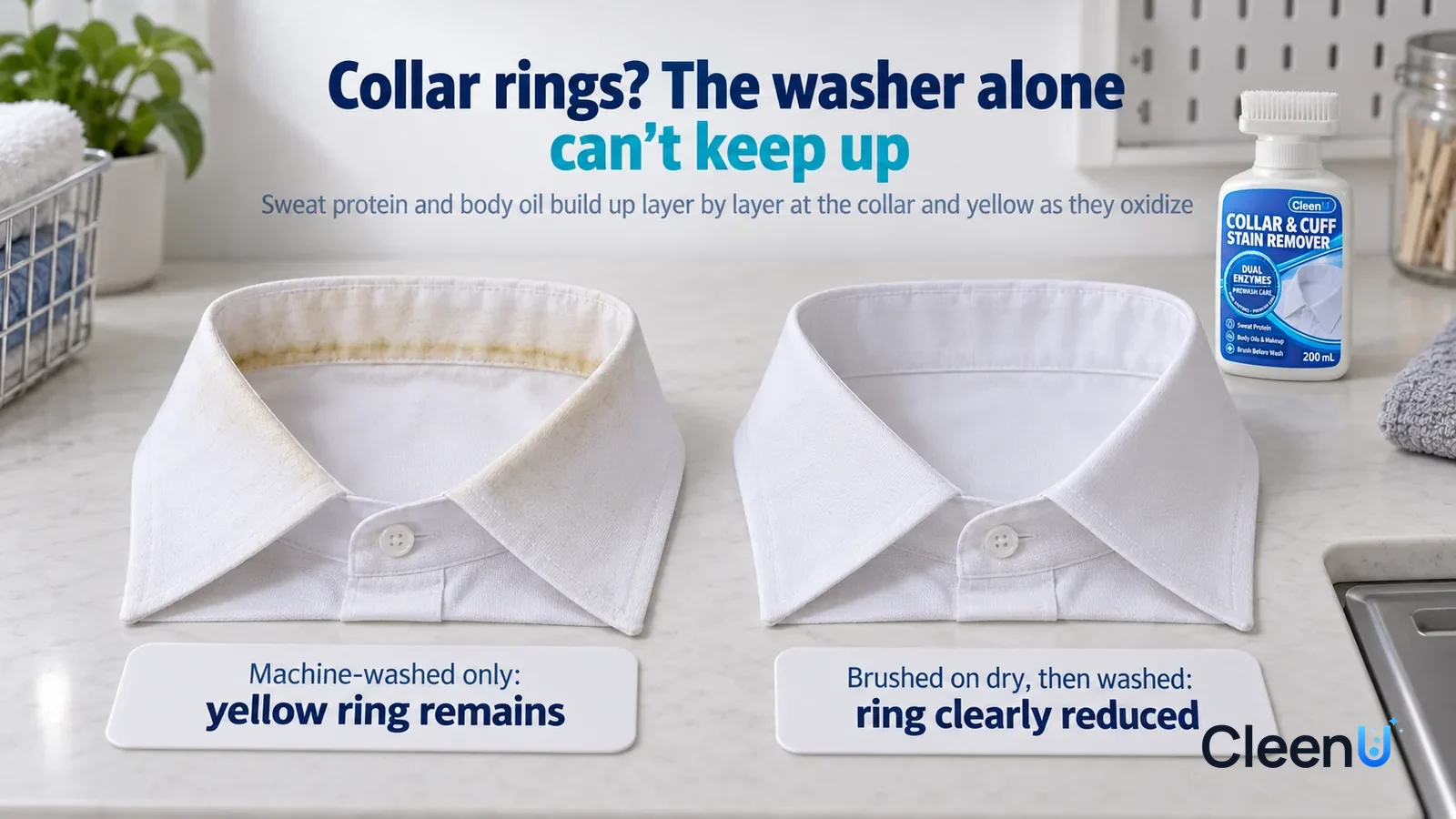 Illustration: CleenU Collar & Cuff Stain Remover — A landscape medium close-up of a small experiment in a laundry lab: two identical collar swatches cut from a white shirt laid flat side by s Headline