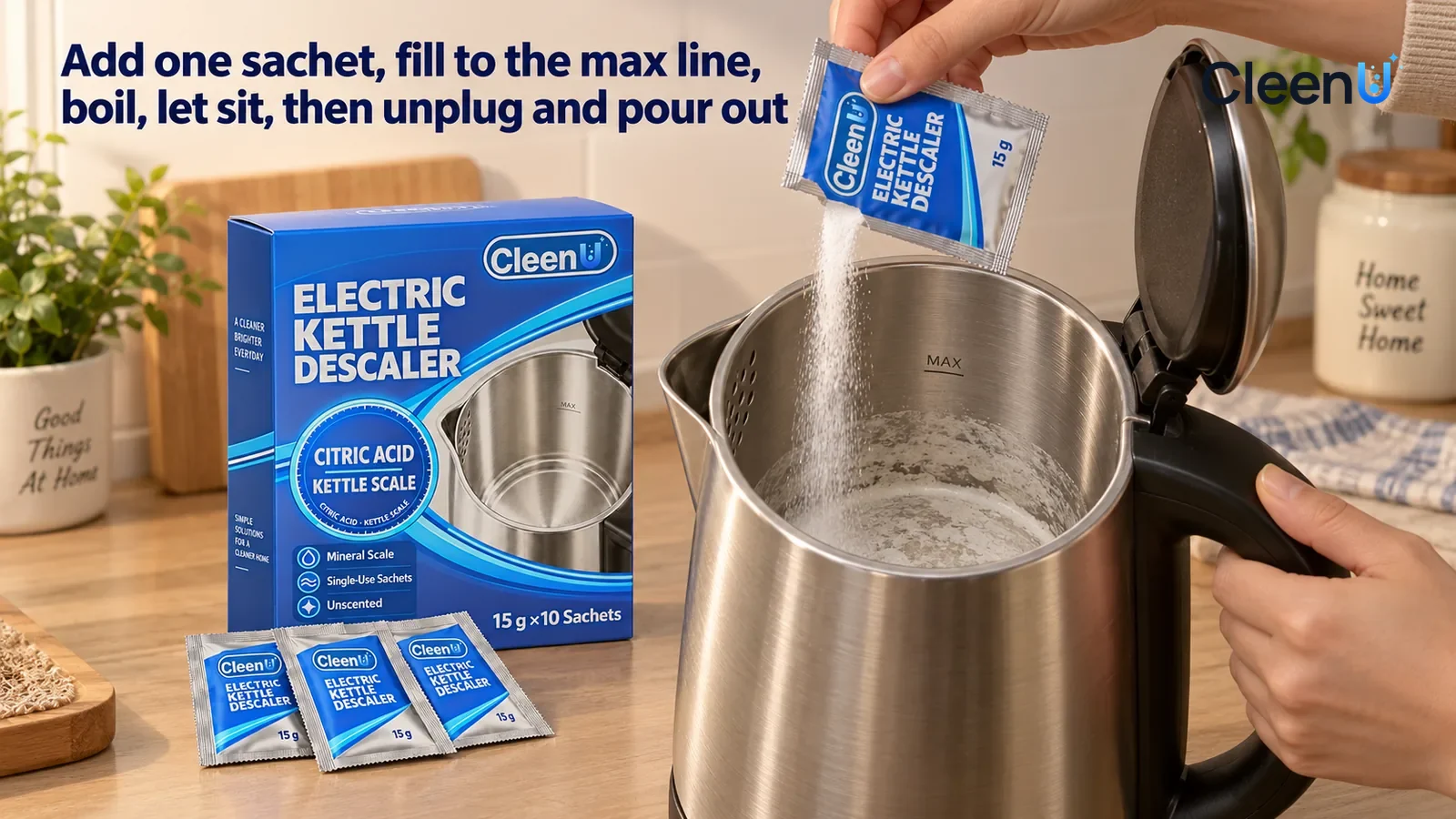 Illustration: CleenU Electric Kettle Descaler — a stainless-steel electric kettle (no brand marks), unplugged and off its base, lid open