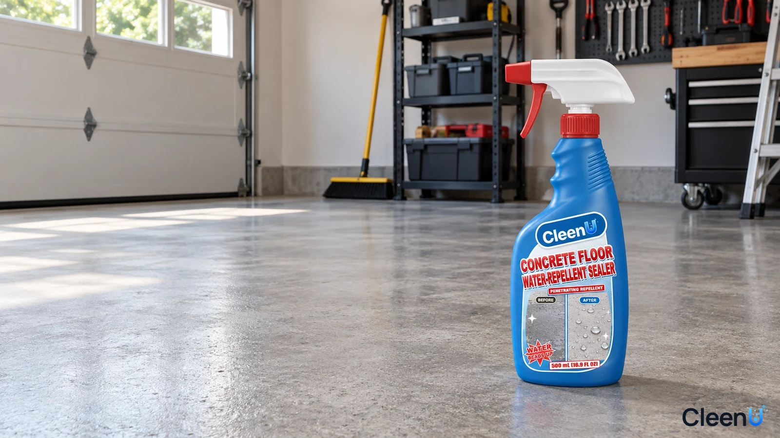Illustration: A blue sealer bottle on a gray floor in a bright garage.
