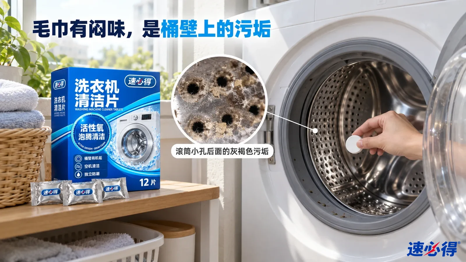 示意图：洗衣机滚筒孔周围的深色污垢、蓝色清洁片包装盒和独立小包装。