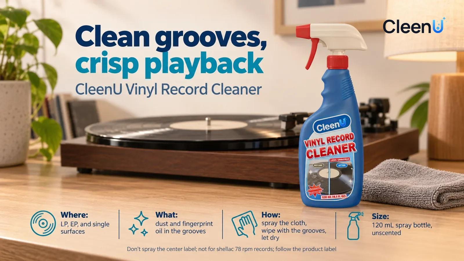 Illustration: CleenU Vinyl Record Cleaner stands in the right third of the frame on the living room's low wooden cabinet, a folded grey microfiber cloth beside it Headline: "Clean grooves, crisp playb