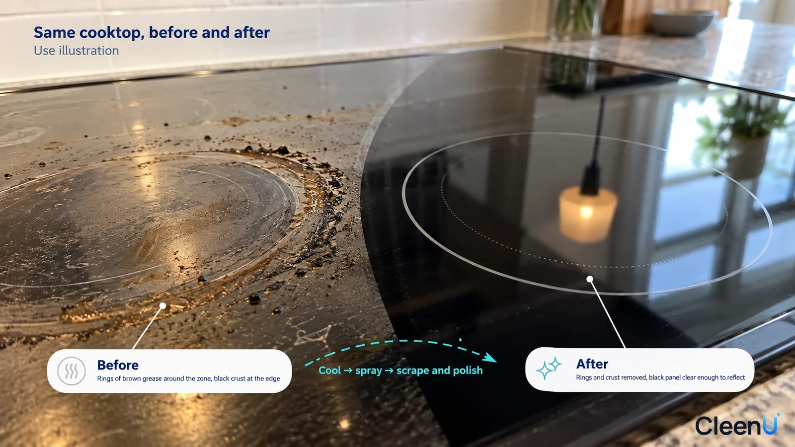 Illustration: Burnt residue and a clearer glass cooktop area; not a measured cleaning test.