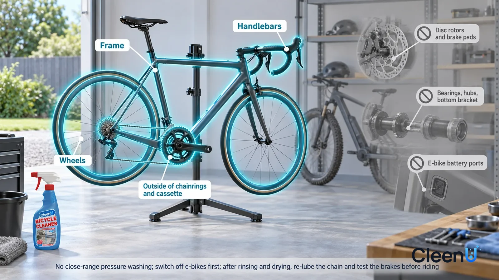 Illustration: CleenU Bicycle Cleaner — A realistic 3D cutaway of a bright home's garage and small yard, one continuous space from one viewpoint, no people: a road bike frame