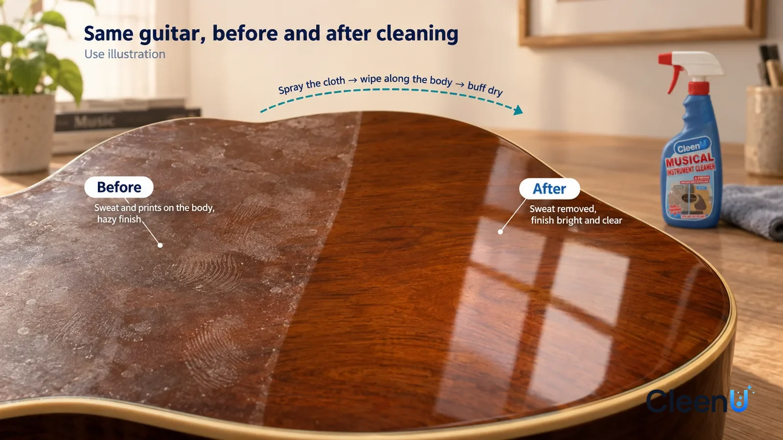 Illustration: CleenU Musical Instrument Cleaner & Polish — A full-screen low-angle close-up of a gloss-finish wooden guitar body (no brand marks), showing only the body finish