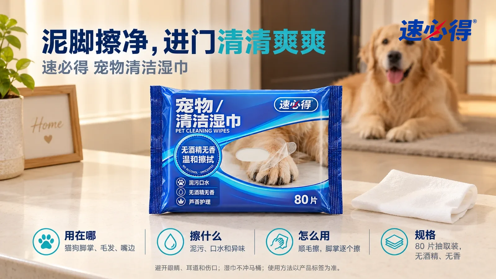 示意图：速必得宠物清洁湿巾透明贴盖合好居中放在玄关柜台面上，旁边一张抽出叠好的白色湿巾，身后一只干干净净的浅金色中型犬安静趴在地垫上，向画面深处柔和虚化，标题“泥脚擦净，进门清清爽爽”
