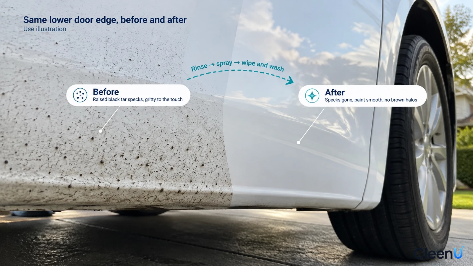 Illustrated comparison of tar spots and a cleared area on a car lower door; not a measured cleaning test.